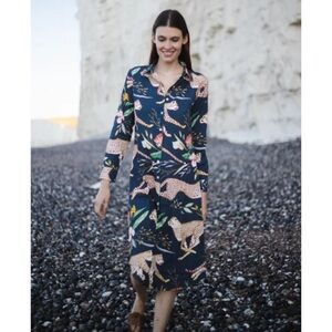 LAS SUREÑAS Navy Linen Cotton Leopard Animal Print Collar Shirt Dress Large